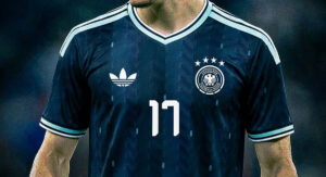 Suposta camisa reserva da Alemanha para a Copa de 2026 em azul-marinho com detalhes menta (vazamento)